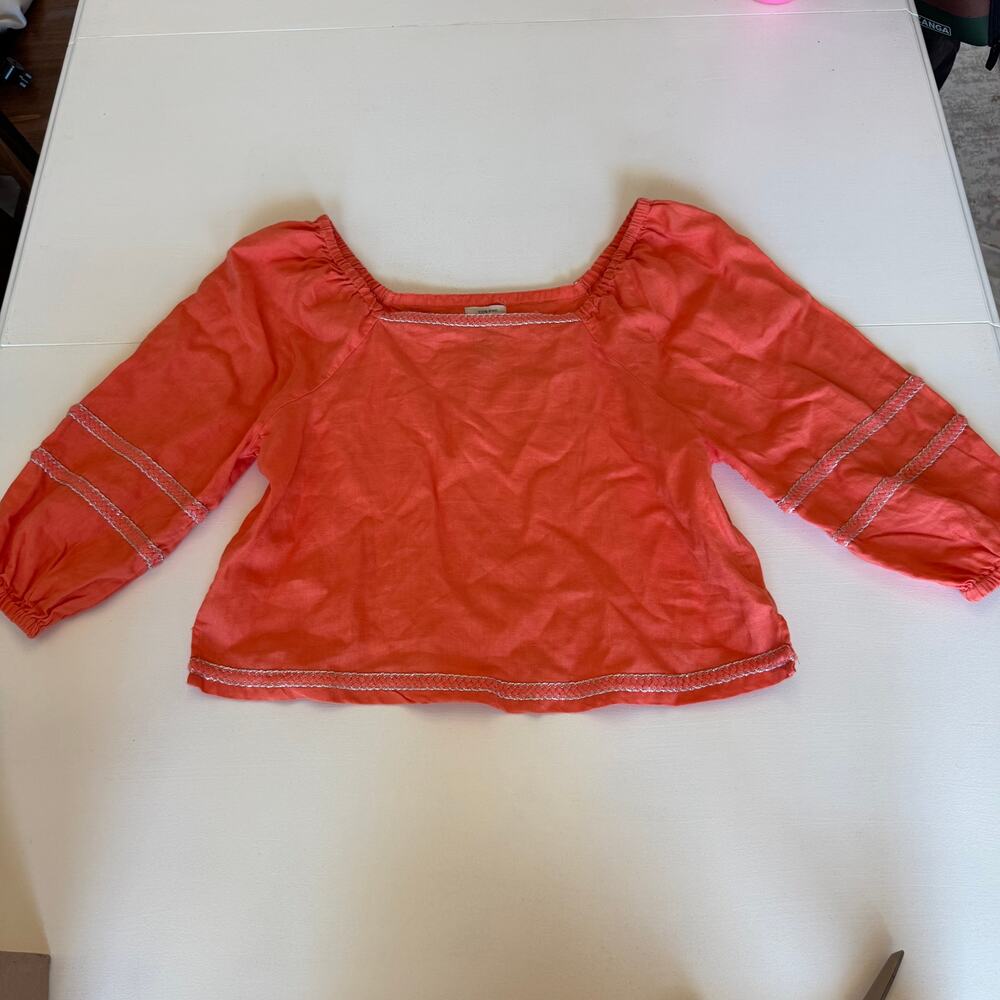 Joie 100% Linen Orange Square Neck Puff Sleeve Embroidered Blouse Size Medium